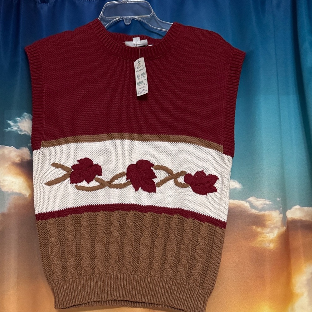 Vintage Red & Brown Knit sweater vest in red and brown with leaf design.
